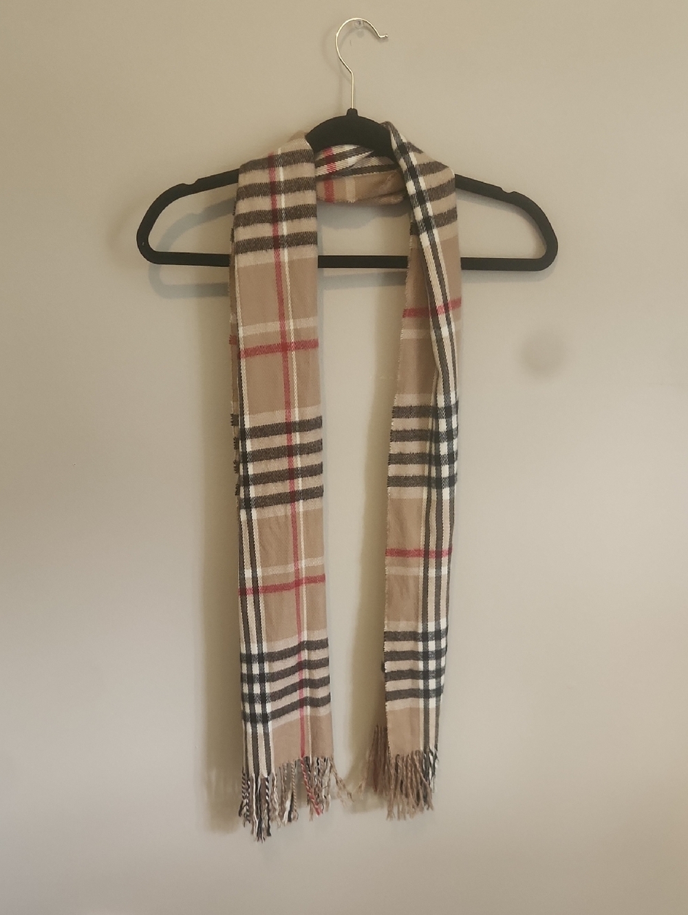 Classic Beige Plaid Fringe Scarf